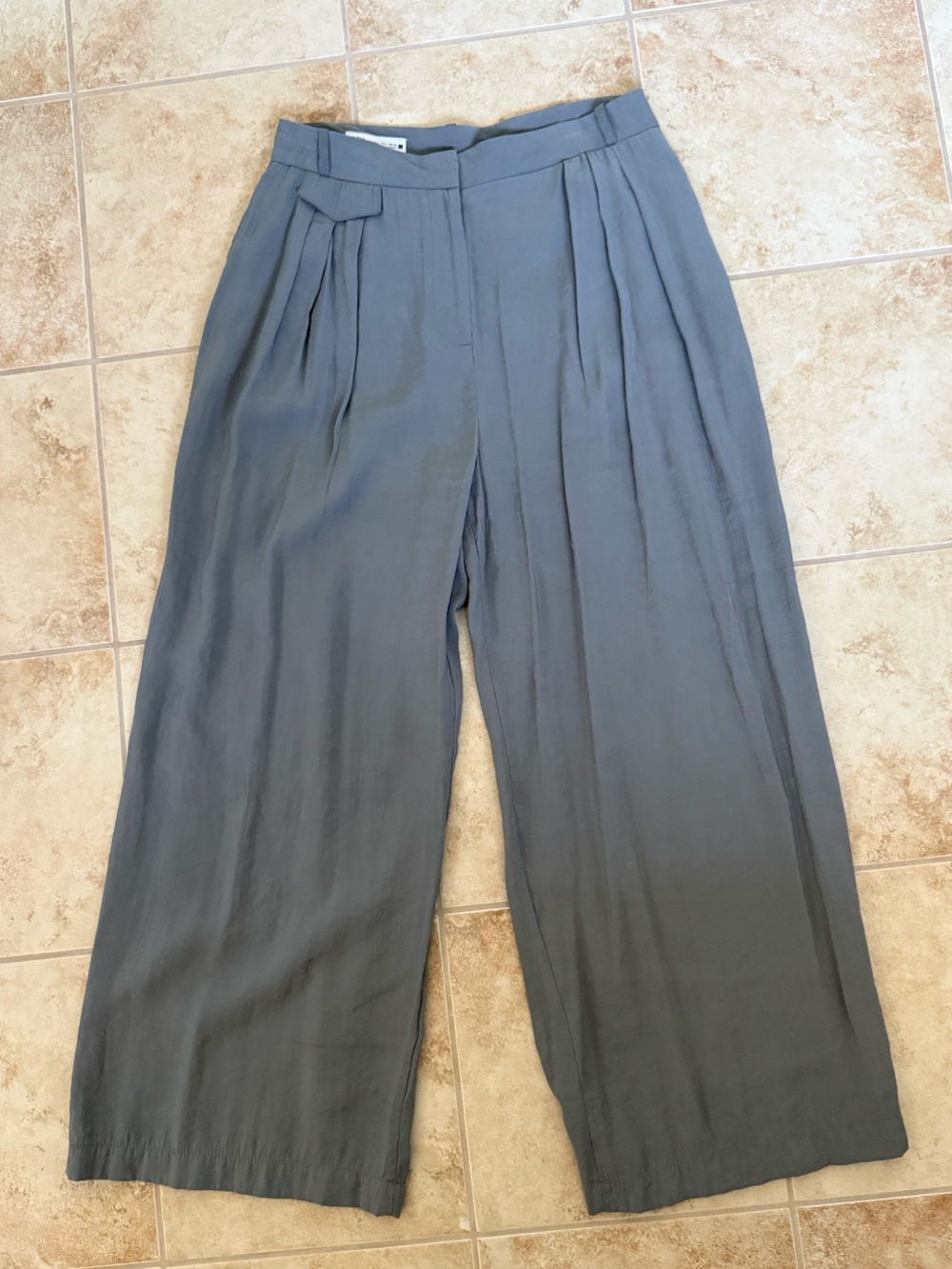 Zara Grey Pleated Wide Leg High Rise Trousers Pants L
